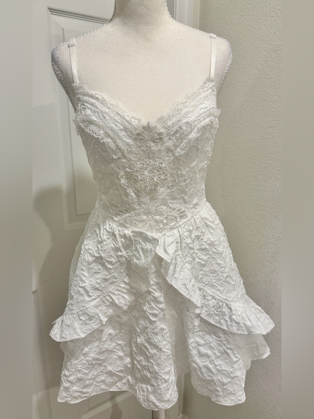Dark in Love White Lace Tiered Spaghetti Strap Dress